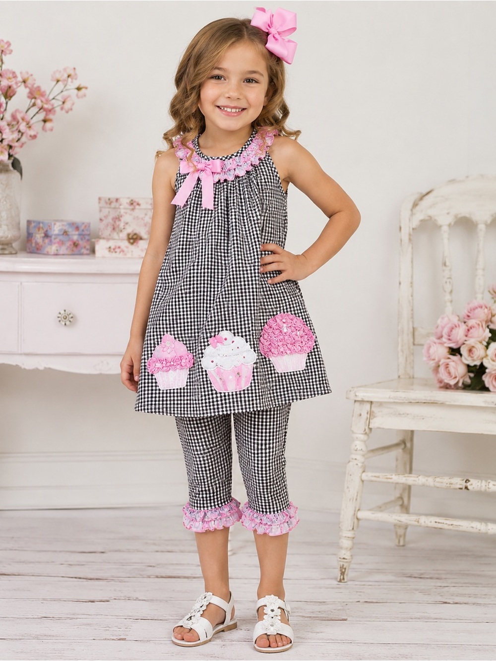 Rare Editions Girls Black White Gingham Cupcake Dress Set Size 6 Pink Ruffle